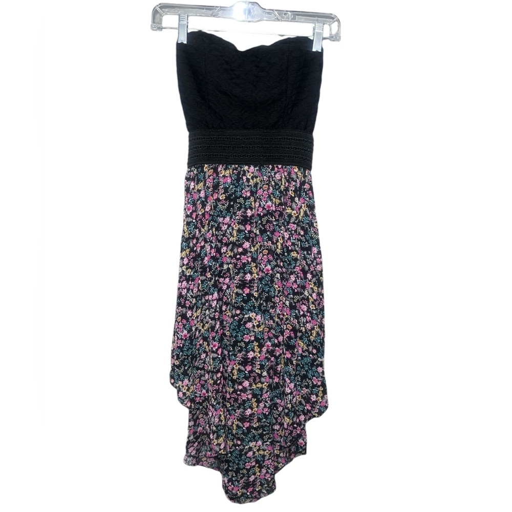 Strapless Black & Floral Midi High Low Dress Whimsigoth Cottagecore Fairy Size M